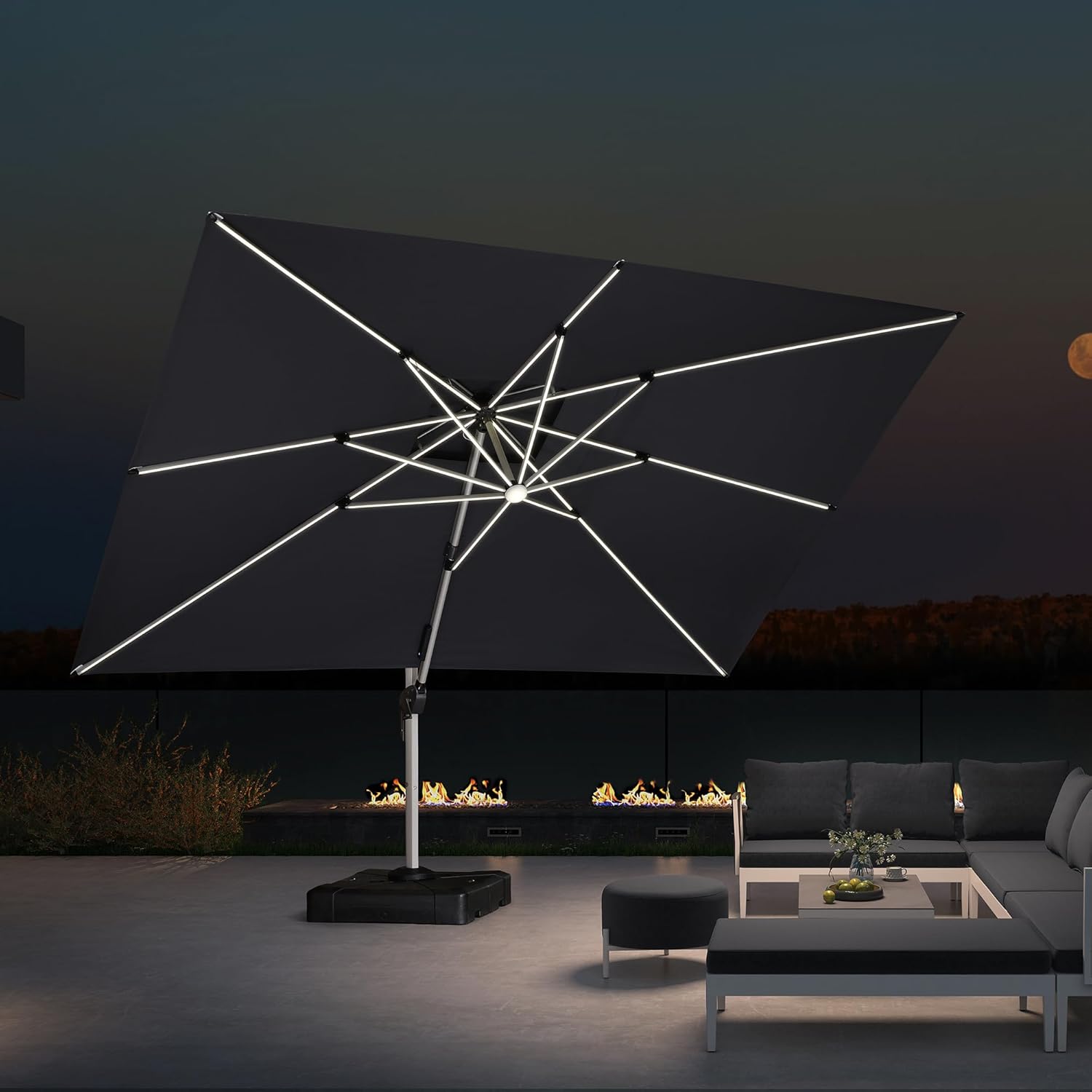 Parasol Déporté 3 x 4 m Rectangulaire avec LED, Parasol De Jardin Exterieur Toit à Double Rotatif 360°,Parasol Terrasse Exterieur XXL, Gris acier
