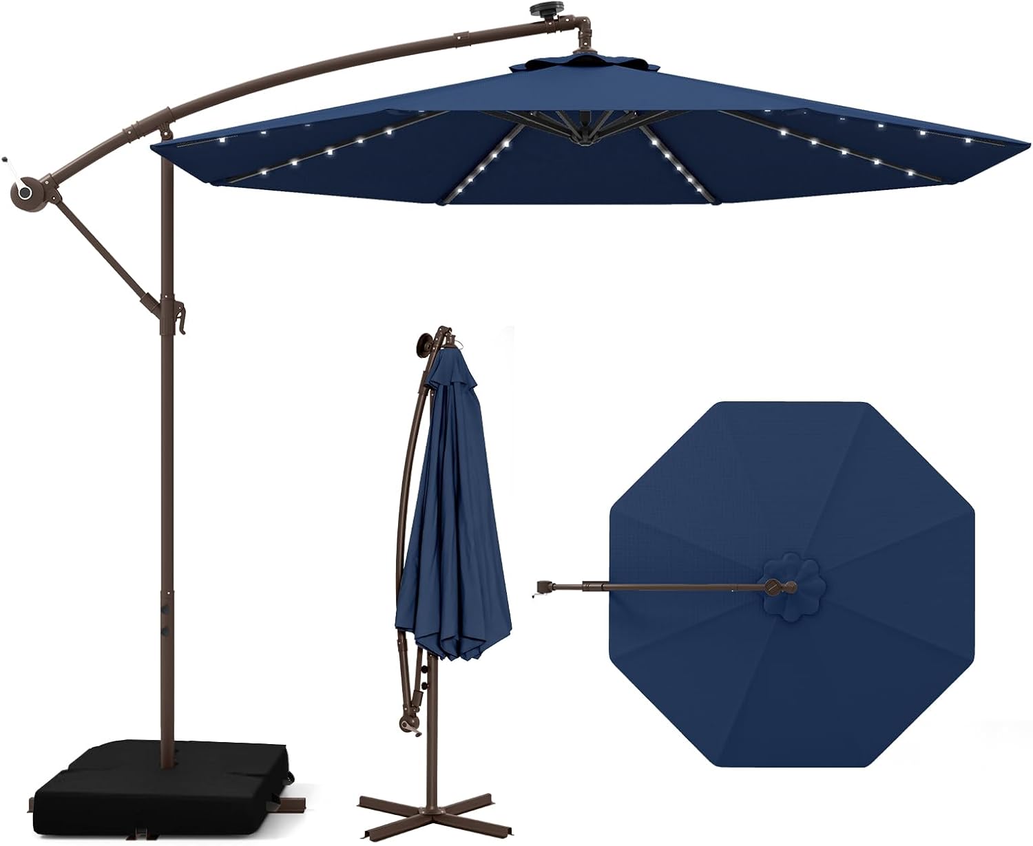 Parasol Déporté 3 x 3 M, Grand Parasol de Jardin Extérieur Lumineux Solaire avec 2 Sacs de Sable, Base Croisée, Parasol Inclinable avec Manivelle, pour Terrasse, Jardin, Piscine (Bleu)
