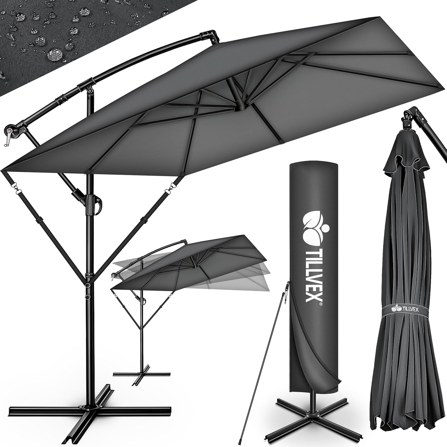 Tillvex® Parasol déporté Rectangulaire Ø 330 cm + Housse de Protection & contre le vent - Parasol à manivelle carré avec support - Parasol de jardin Extérieur Anti-UV en aluminium