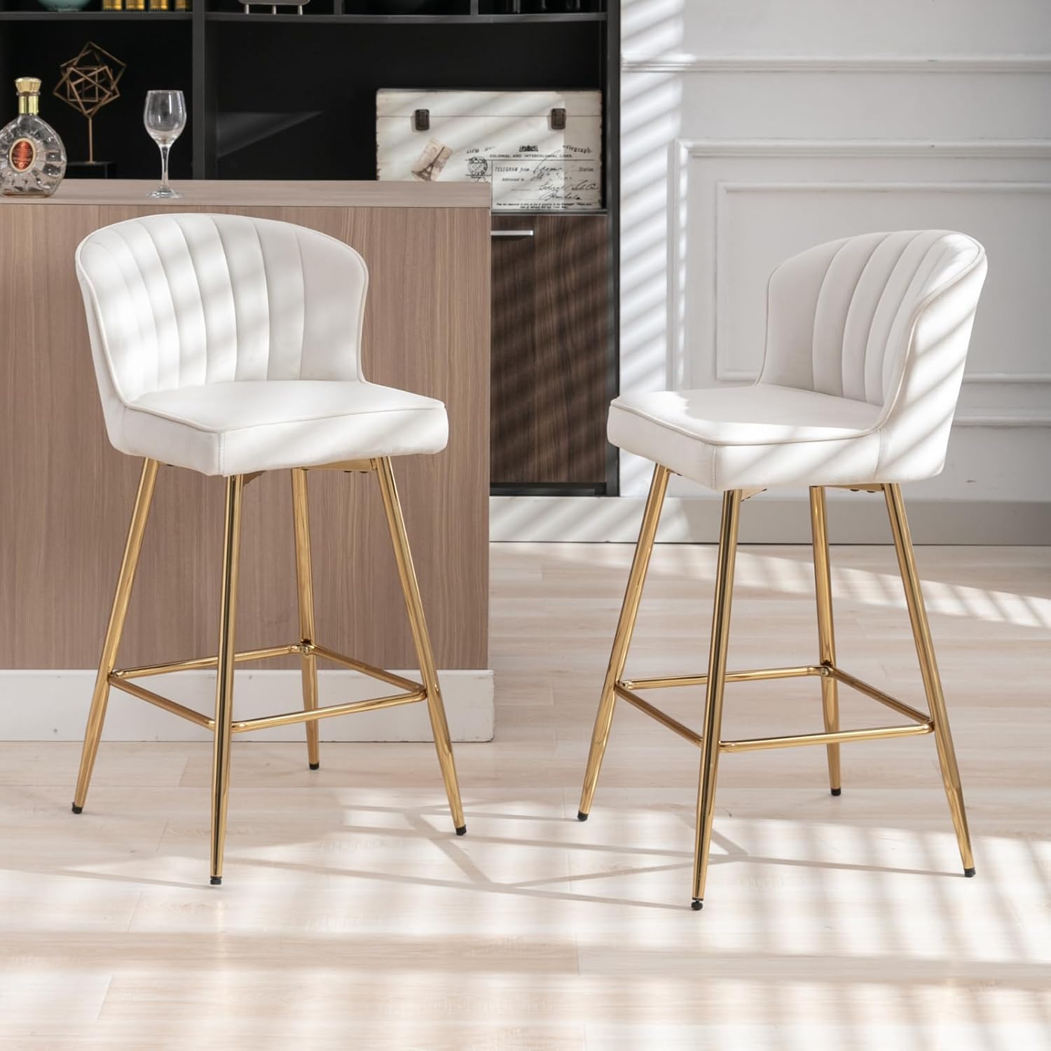 Tabourets de Bar en Velours - Lot de 2 Chaises de Comptoir et Cuisine avec Cadre en Métal (Beige)