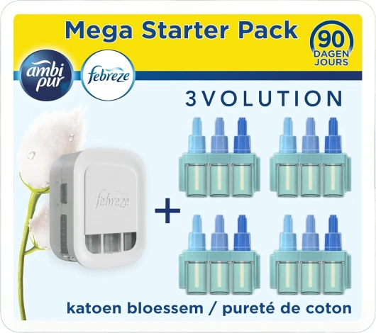 Febreze 3Volution Diffuseur Électrique de Parfum, Kit Prise + 4 Recharges (Pour Un An), Pureté De Coton, Désodorisant Maison Smart Programming, Élimination Des Odeurs