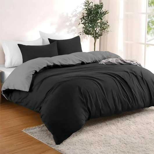 Housse de Couette 200x200 cm avec 2 Taie Oreillers 65x65 cm - Noir/Gris Foncé - Parure de Lit 200x200 en 100% Microfibre - 3 Pièces - Certifié sans Produits Chimiques (Oeko TEX)