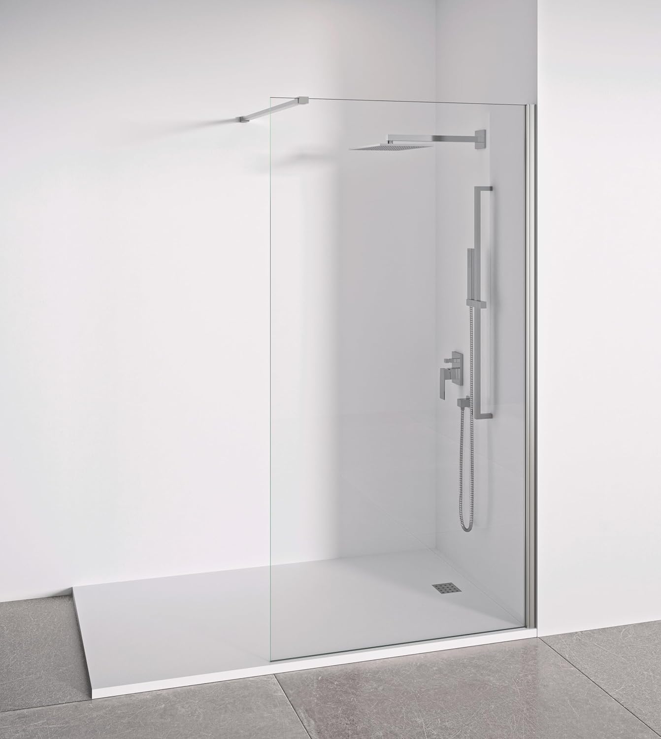 Paroi de douche fixe pour espace ouvert - Transparent – Verre trempé de 8 mm anticalcaire inclus – Profilés Argent brillant - Largeur 70 cm - Hauteur 195 cm