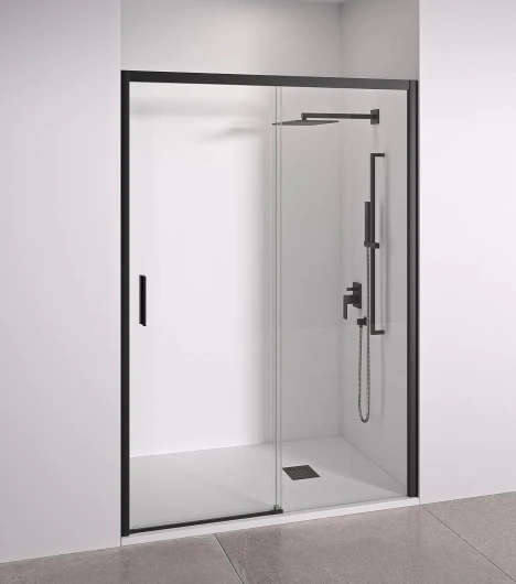 Paroi de douche 2 panneaux dont 1 coulissant en niche - Largeur réglable 105-110 cm - Hauteur 195 cm - Verre securit trempé anticalcaire 6 mm des deux côtés - Profilés Noir mat