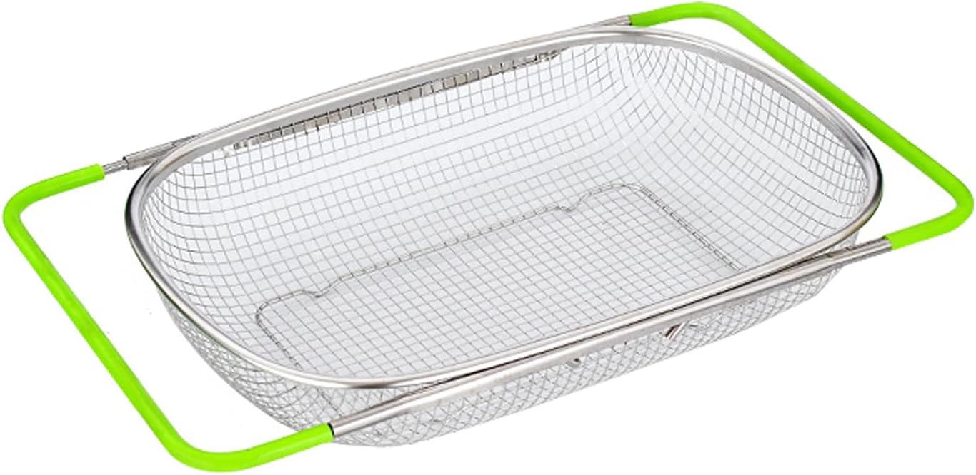 Passoire rétractable au-dessus de l'évier en acier inoxydable (38–54 cm), panier égouttoir en maille avec poignées extensibles en caoutchouc vert pour évier, égoutter, rincer les fruits, les légumes,