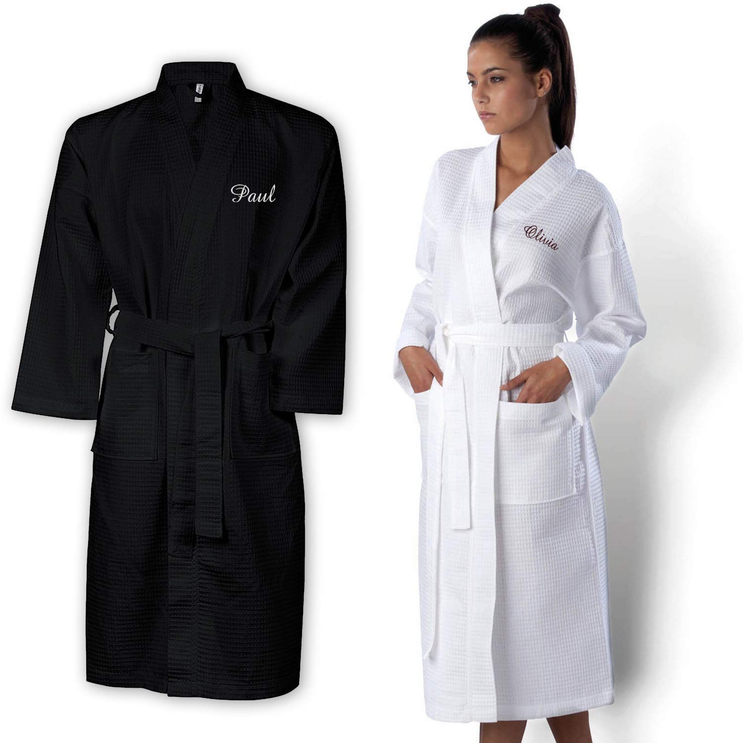 Peignoir de bain nid d'abeille personnalisé prénom, femme homme, cadeau anniversaire, fête des mères, fête des pères, coton blanc ou noir, broderie