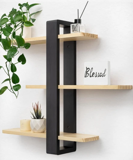 Grande Étagère Murale Longue en Bois Étagère Flottante Ajustable 3 Niveaux 50 x 58 cm Organisateur Suspendu et Décoration pour Maison, Cuisine, Salon, Salle de Bain, Bureau Chambre Noir