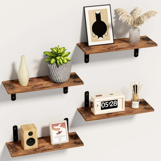 Étagère Murale Bois, 4 Pièces Etagere Murale Cuisine, Etagere Flottante Murale Décoration pour Salon, Chambre (Marron et Noir)