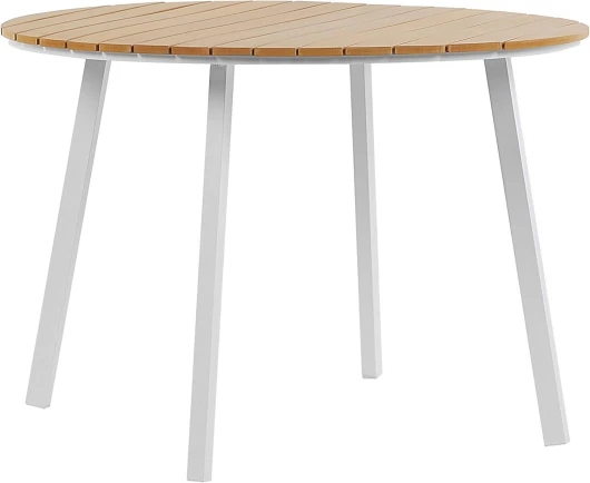 Table à Manger de Jardin Ronde 105 cm Effet Bois Marron avec Pieds en Aluminium Blanc Parfaite pour 4 Personnes et Extérieur Scandinave Beliani