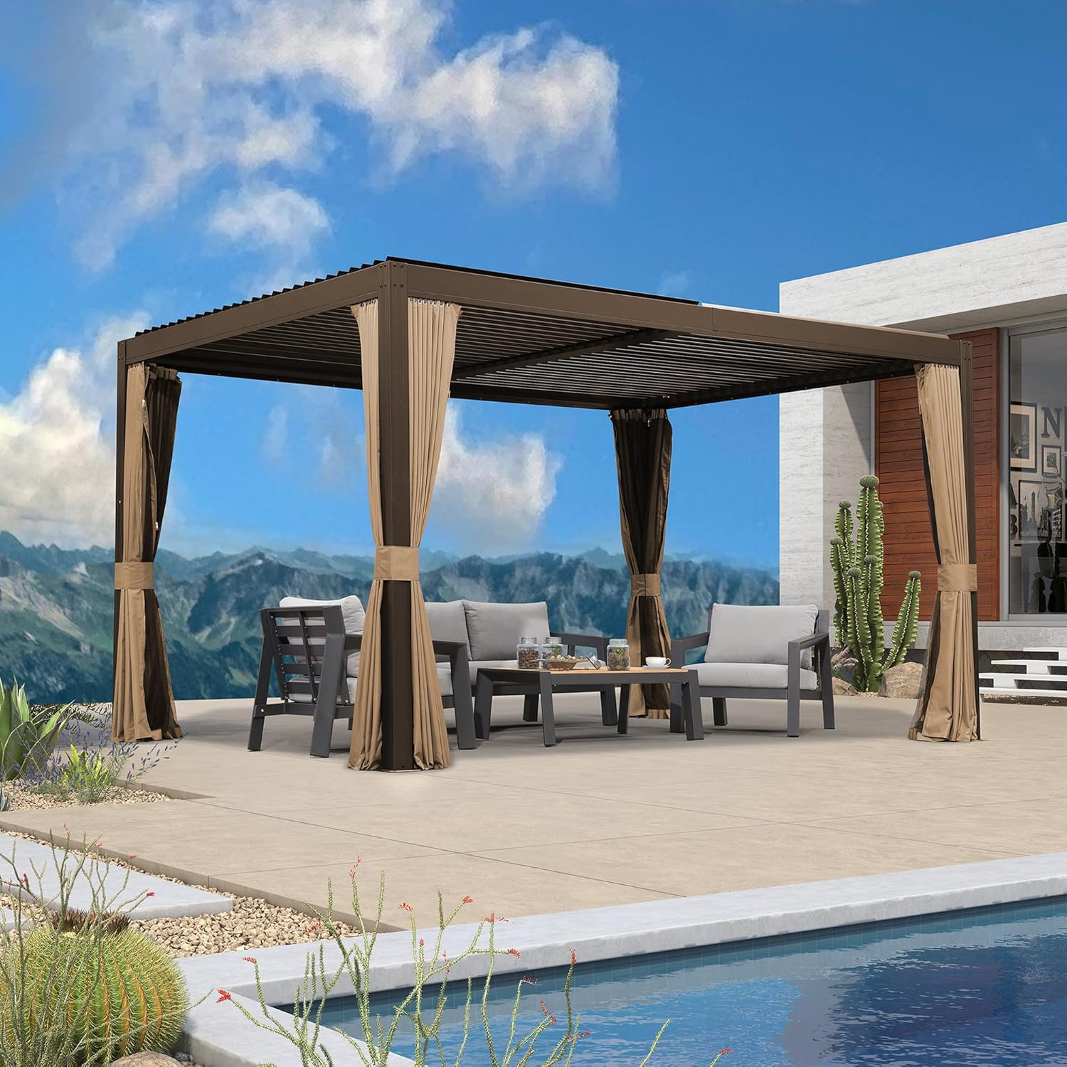 Pergola Bioclimatique 4 x 3 m Pergola Aluminium avec Rideaux et Moustiquaire, Tonnelle de Jardin, Toit à Lames, Pavillon Autoportante pour Terrasse, Kaki