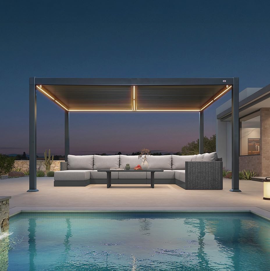 Pergola Bioclimatique en Aluminium 3 x 4,25 m, Tonnelle de Jardin Exterieur Imperméable avec Lames Orientables et LED, Pergola Jardin Exterieur pour Terrasse, Extérieur et Carport, Gris