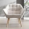 Fauteuil Scandinave de Salon avec Pieds en Bois Modern Chaise de Chambre Capitonné en Lin (Beige-1)