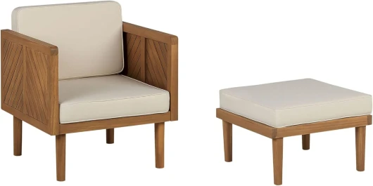 Fauteuil de Jardin Beige Clair en Bois d'Acacia avec Ottoman et Coussins Moderne Baratti