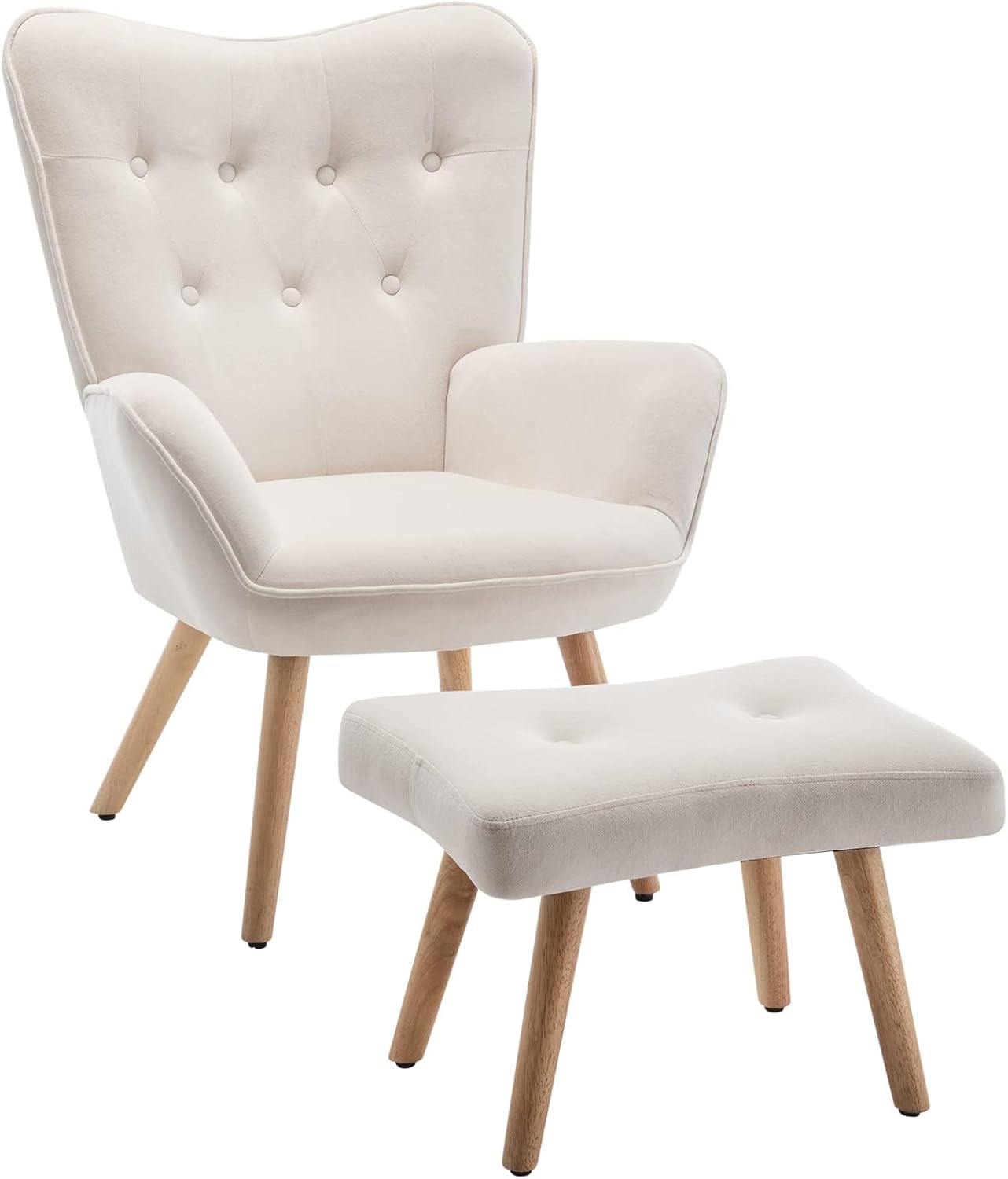 Fauteuil avec Repose Pied Scandinaves Fauteuil Velours de Salon Relax Chaise en Bois Fauteuils de Lecture pour Chambre à Coucher, Beige
