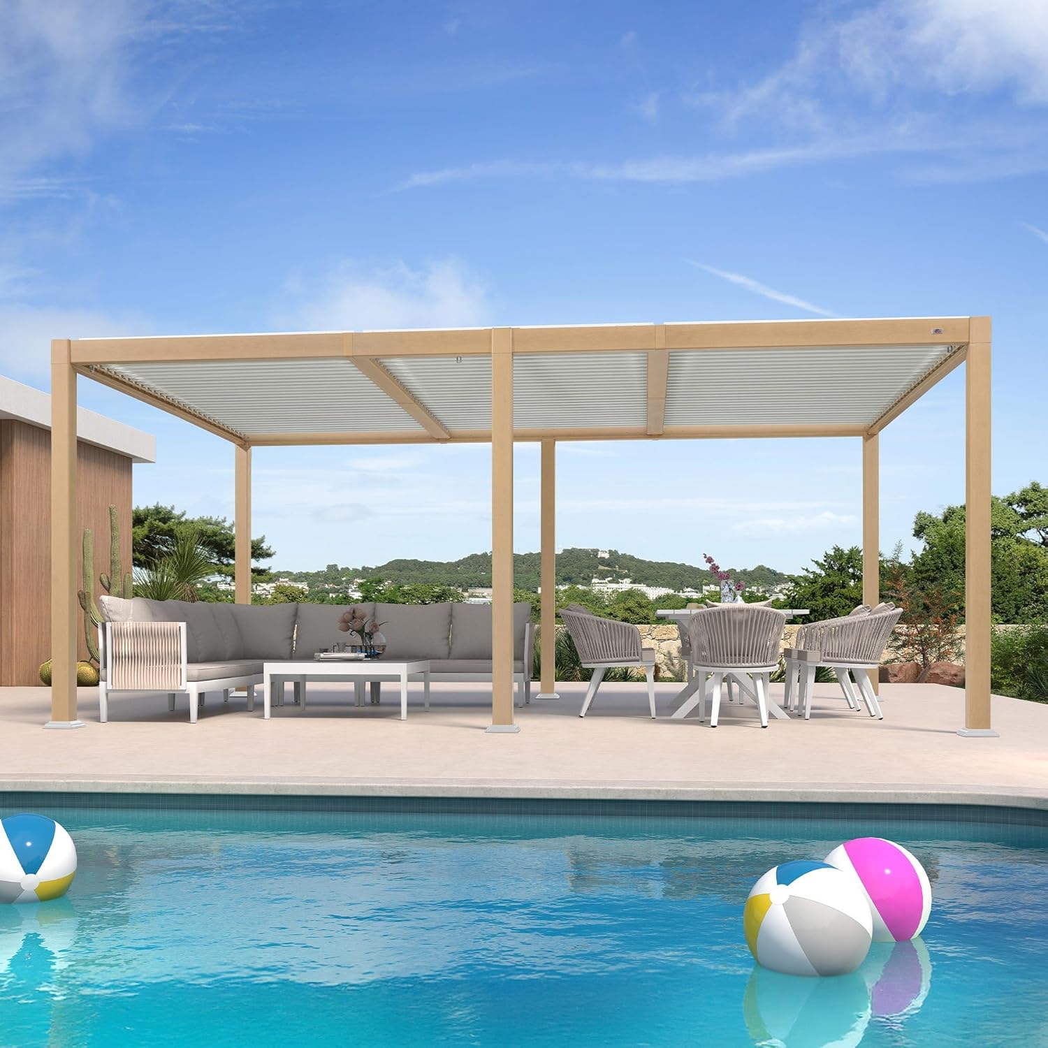 Pergola Bioclimatique en Effet Bois Aluminium 3,5 x 5,5 m, Tonnelle de Jardin Extérieur Imperméable avec Lames Orientables, Pergola pour Terrasse, Jardin et Carport, Boisé