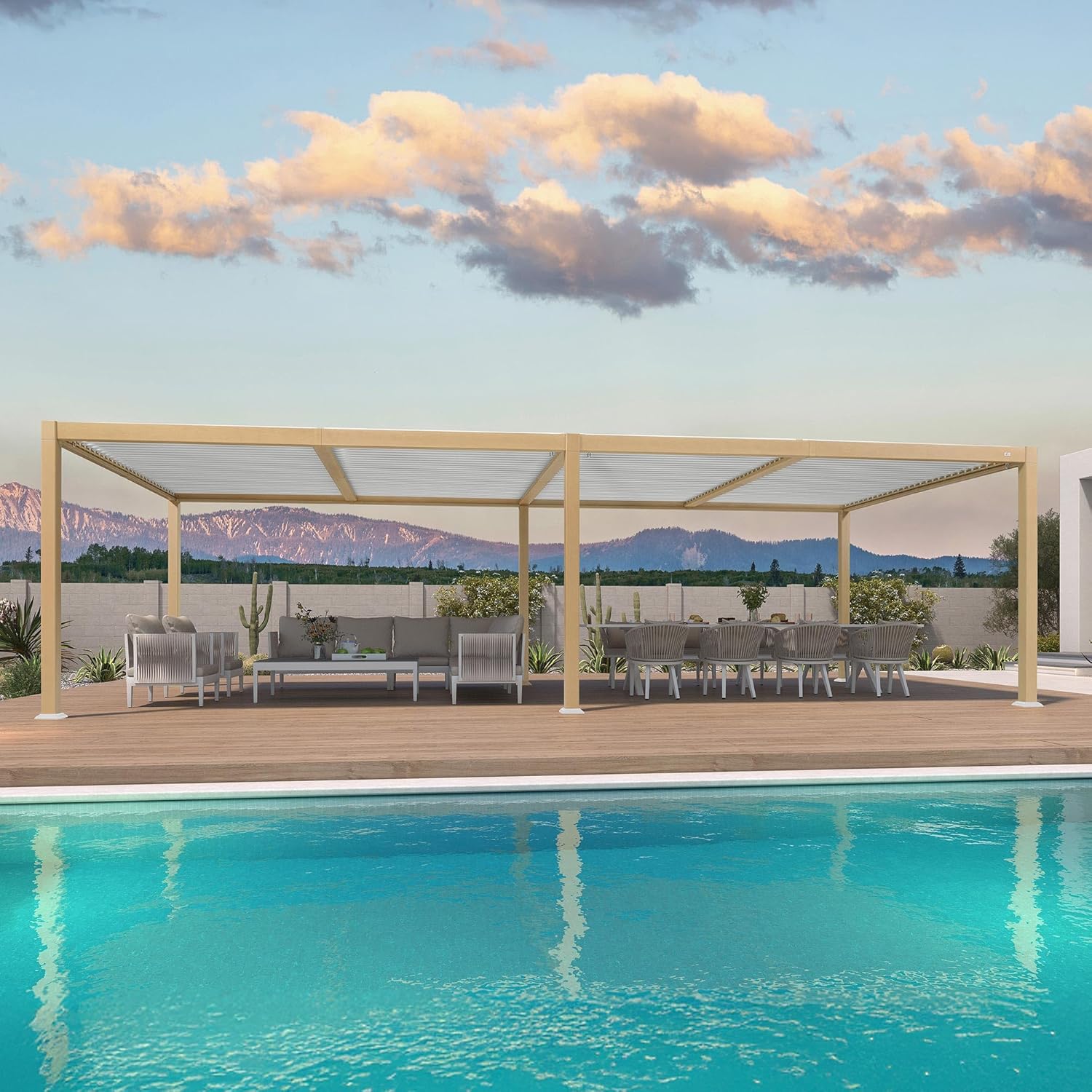 Pergola Bioclimatique en Effet Bois Aluminium 3,5 x 8,5 m, Tonnelle de Jardin Extérieur Imperméable avec Lames Orientables, Pergola pour Terrasse, Jardin et Carport, Boisé