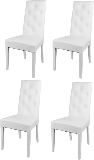 Tommychairs - Set 4 chaises CHANTAL pour cuisine et salle à manger, structure en bois de hêtre peindré en blanc, assise et dossier rembourrés et revêtus en cuir artificiel blanc avec boutons