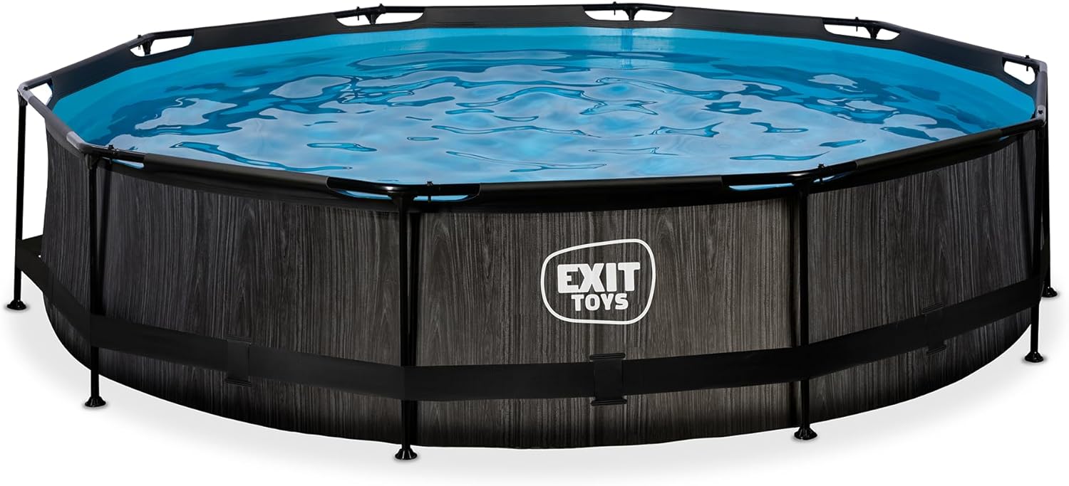 Piscine Tubulaire Black Wood - ø360x76cm - Piscine Hors Sol Ronde Grande avec Pompe Filtrante à Cartouche - Entrée Basse - Idéal pour les Jeunes Enfants - Cadre Stable - Design Unique - Noir