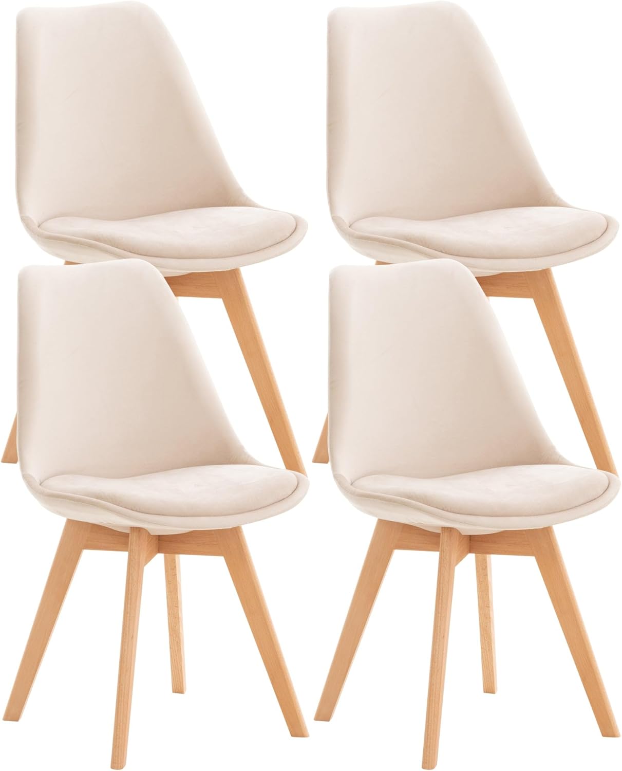 Lot de 4 chaises de Salle à Manger Design scandinave en Tissu Velours Beige Pieds Bois Clair CDS10379