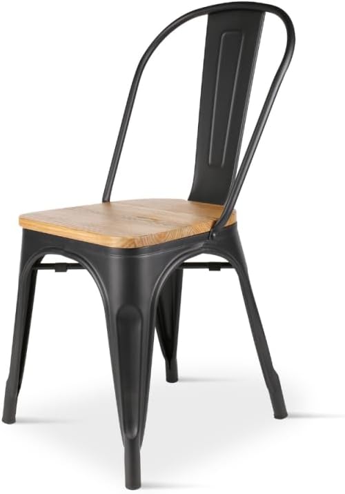 Chaise en métal Noir Mat avec Assise en Bois Clair - Style Industriel