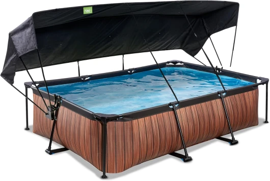 Piscine Wood avec Voile d'Ombrage - 300x200x65cm - Piscine Hors Sol Rectangulaire avec Pompe Filtrante à Cartouche - Protection Optimale Contre Les Rayons UV - Entrée Basse - Marron