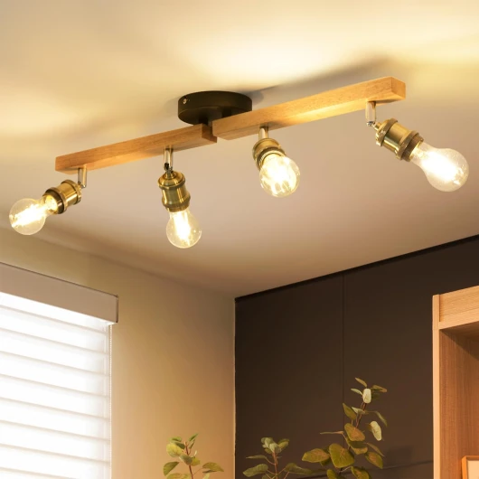 Plafonnier LED 4 Spots Orientables Pivotants, Spots de Plafond E27 Bois, Vintage Luminaire Intérieur Plafonnier, Sans Ampoule