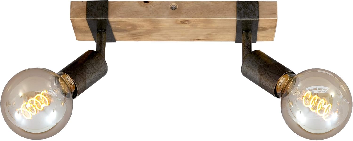 Spot, plafonnier rétro vintage, spots orientables et pivotants, 2x E27, métal-bois, couleur : Noir et marron, 28x10x9cm (Lxlxh)