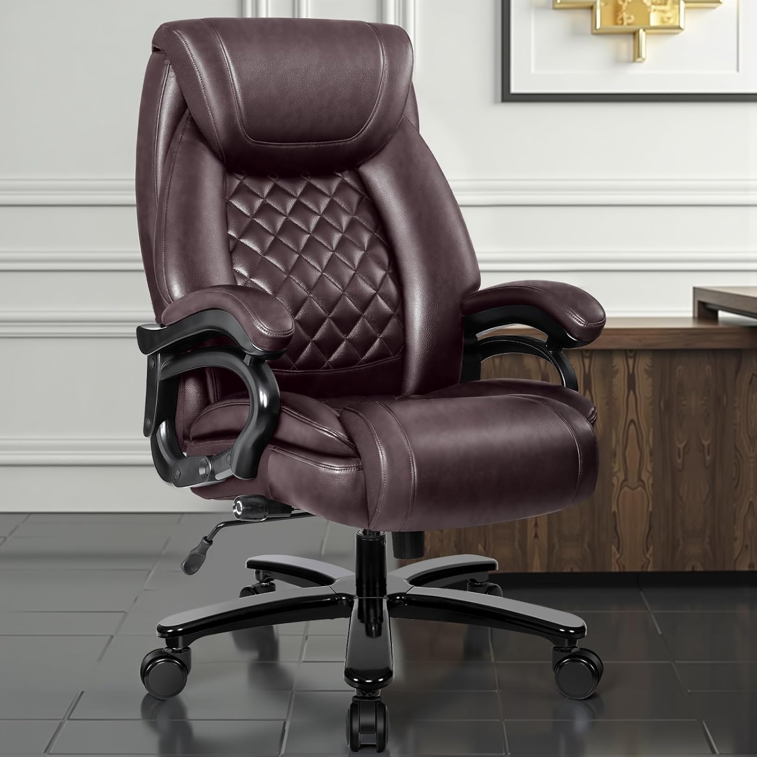 Chaise Bureau PU Cuir - Fauteuil de Bureau Ergonomique Confortable 227kg Siège Large avec Accoudoirs Souple, Réglable en Hauteur,Roulette Pivotant à 360° Office Chair,Marron