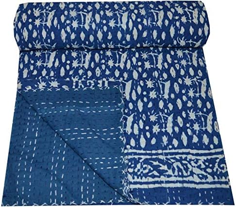 YUVANCRAFTS Couvre-lit indien Kantha fait à la main en coton pour lit simple Bleu indigo