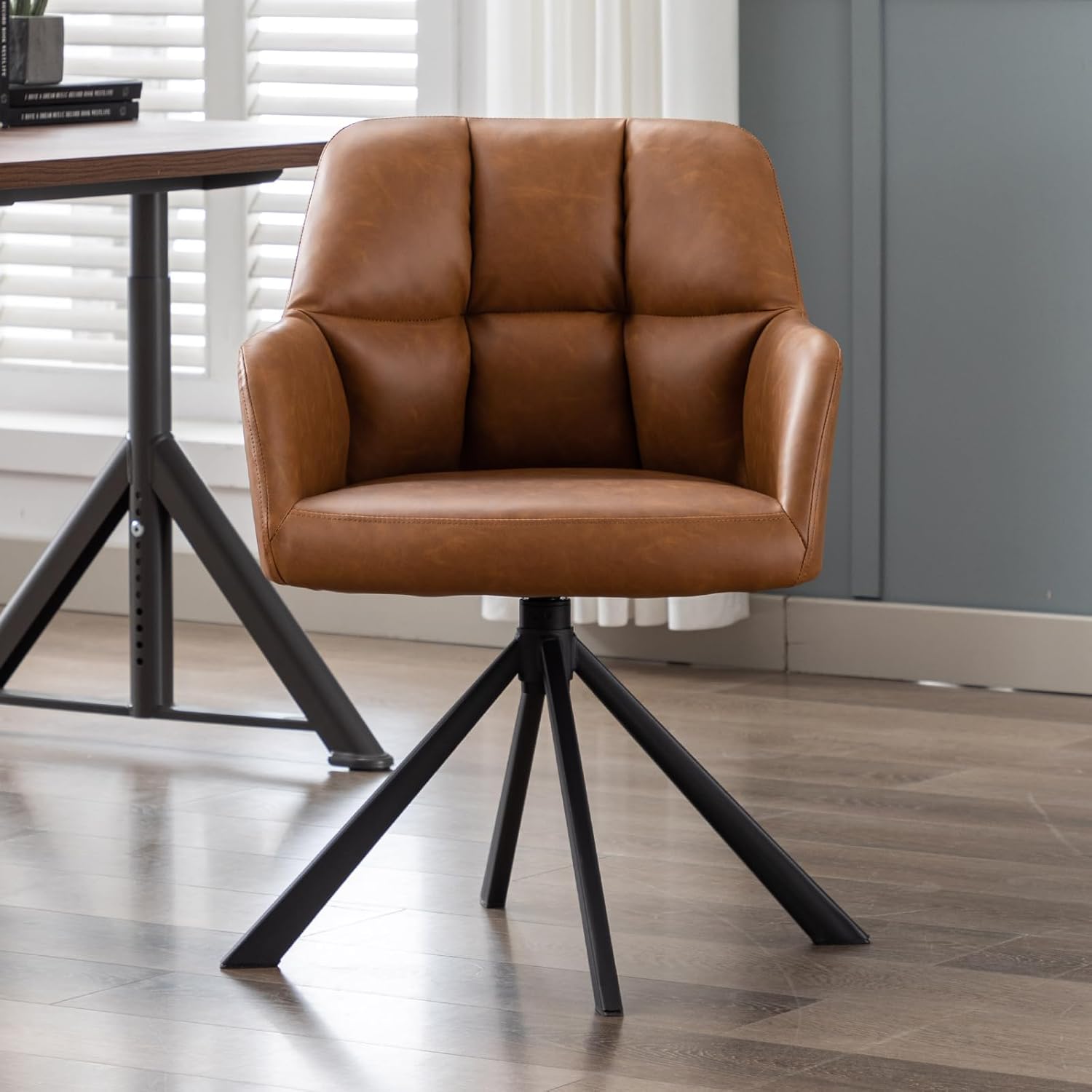 Chaise de Bureau en Cuir PU Fauteuil Travail Pivotant à 360° avec Pieds en Métal Chaise Rembourré pour Salon Chambre (Marron (Pieds en Métal))