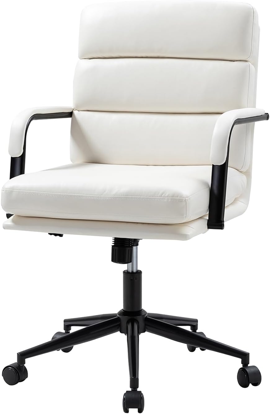 Chaise de Bureau Ergonomique, Chaise Bureau en Cuir Végétalien et Hauteur Réglable avec Base Métallique Pivotante, Peut se Balancer D'avant en Arrière, Blanc