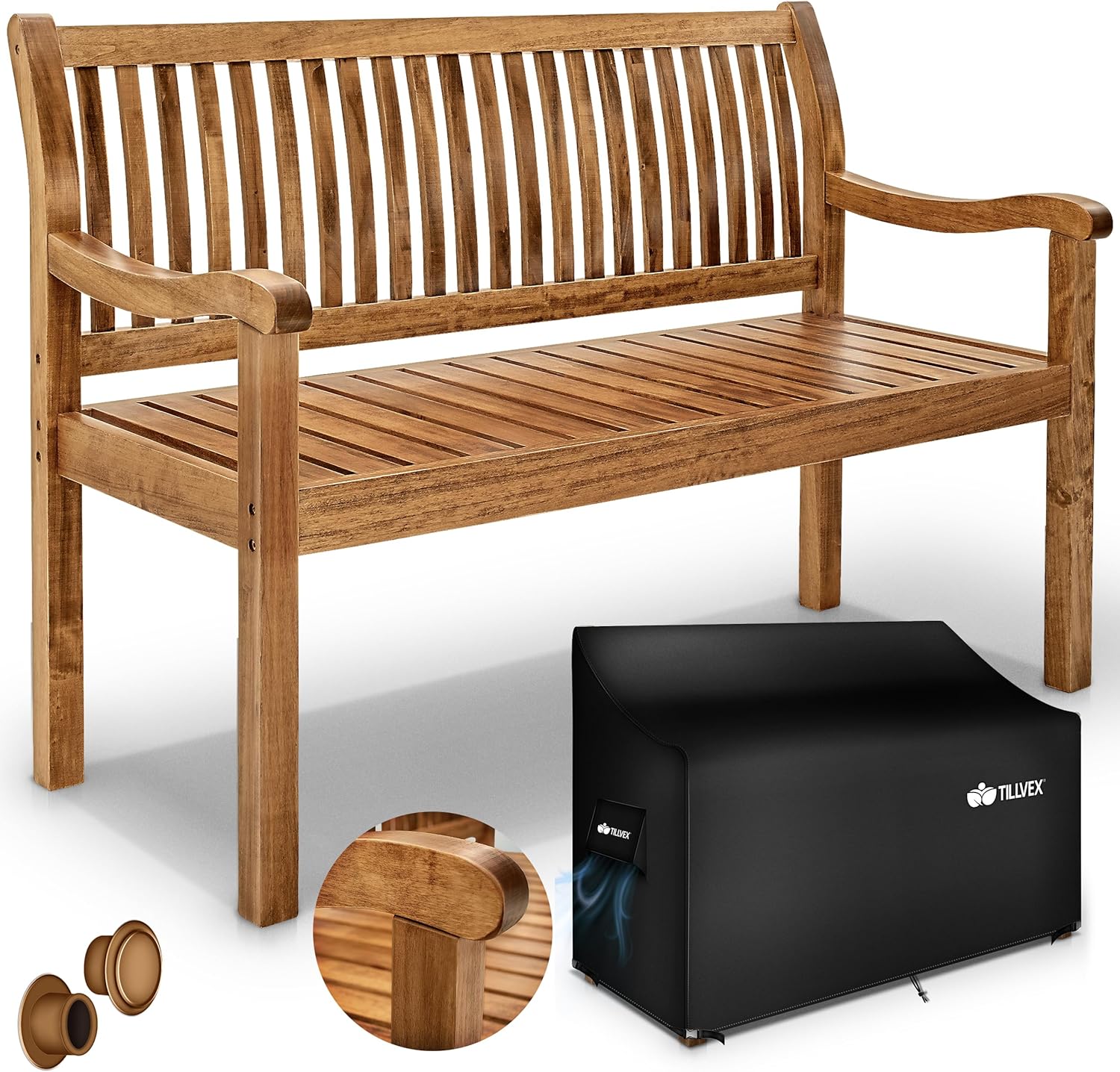 Tillvex Banc de Jardin 150 cm en Bois avec Couverture - Solide Banquette d'Extérieur 3-4 Places - Jusqu'à 320 kg de Charge - Meuble de Terrasse, Parc, Patio, Balcon