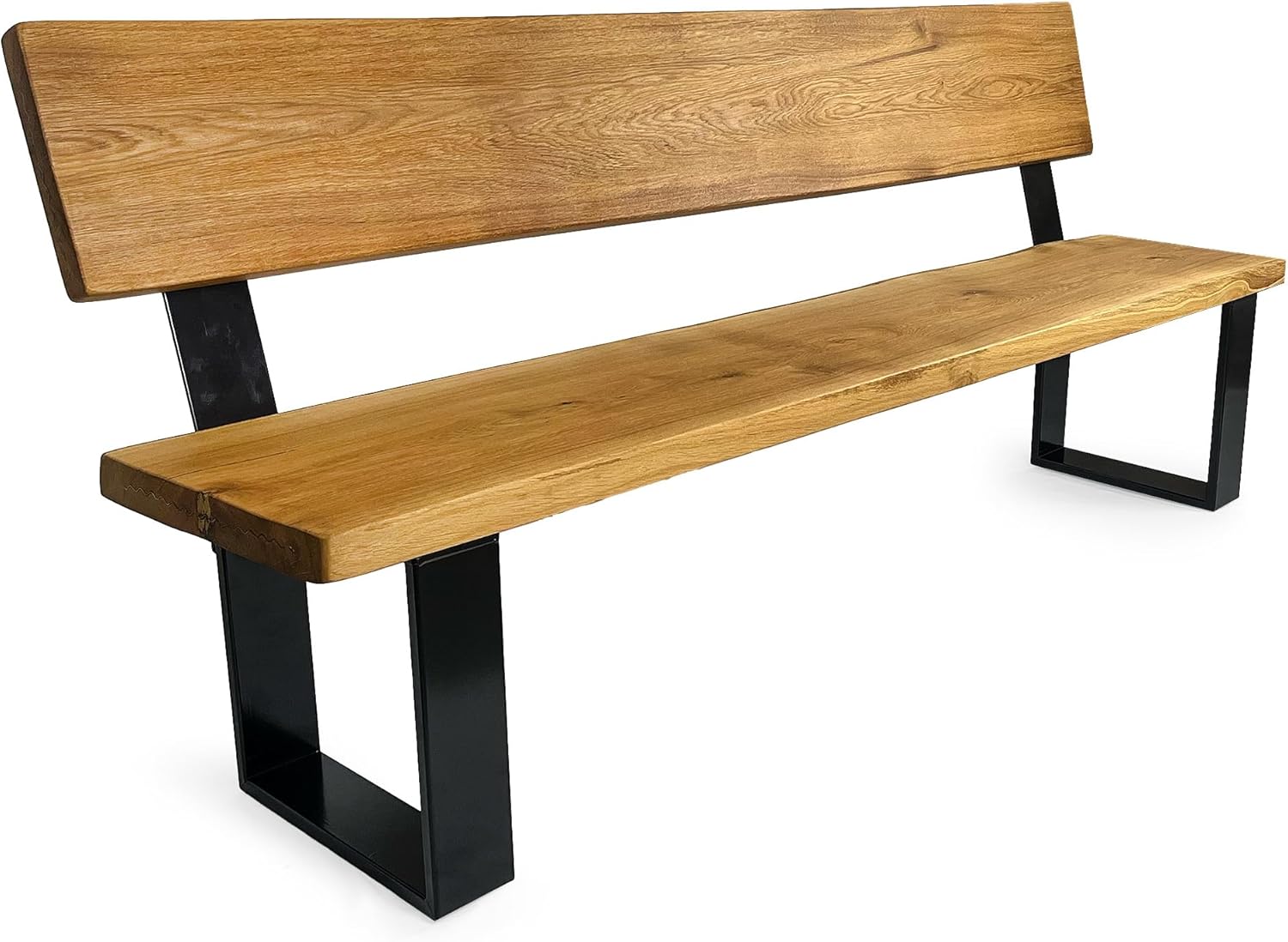 Banc Woodhood en chêne massif et structure en acier robuste, banc en bois avec dossier, huilé pour l'intérieur et l'extérieur (160 cm de large)