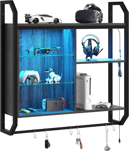 Étagère Murale LED 84 cm avec Étagères en Verre Trempé Ajustables et 6 Crochets S Design Industriel pour Salon, Cuisine ou Bar à Vin Café