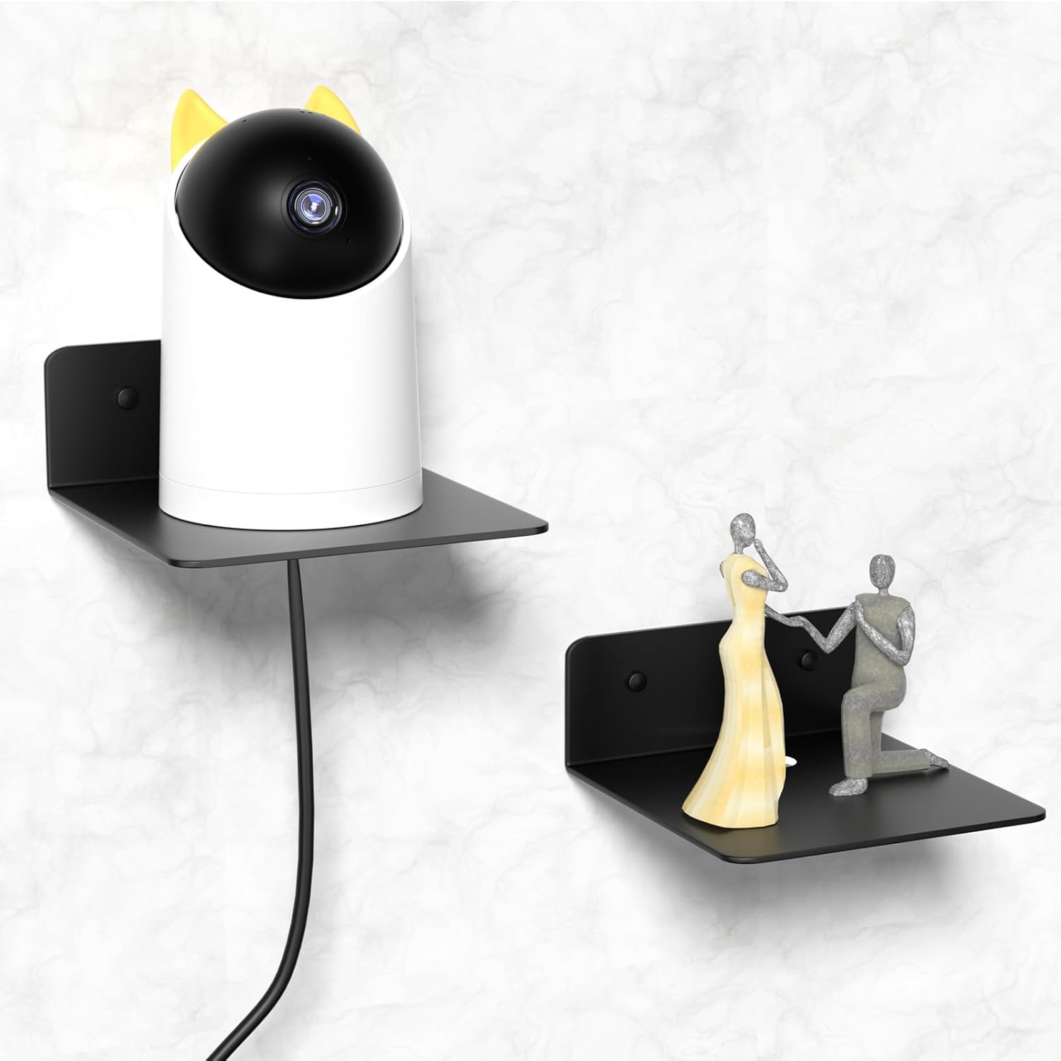 Wisafame Etagere Murale Noir en Metal, 12.5cm Petite Étagère Murale Lot de 2, Étagères Murales avec Trous de Câble, Mini Etagere Murale sans Percage pour Salon,Chambre, Salle de Bain,Cuisine etc