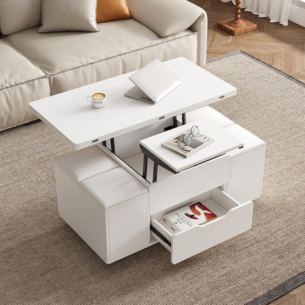 Table Basse Relevable, Salon Multifonctionnelle 3 en 1, Table Basse Relevable Extensible Con 4 Tabourets e Rangement Caché,Blanc