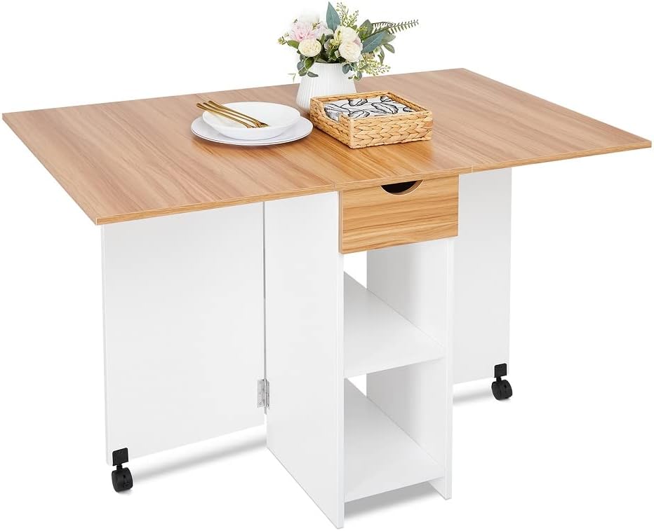 Table à Manger Pliable, Table de Cuisine pour Petits Espaces avec 1 Tiroir et 2 Etagères de Rangement, pour Salle à Manger Cuisine, 72 x 120 x 75 cm, Chêne Rouge et Blanc
