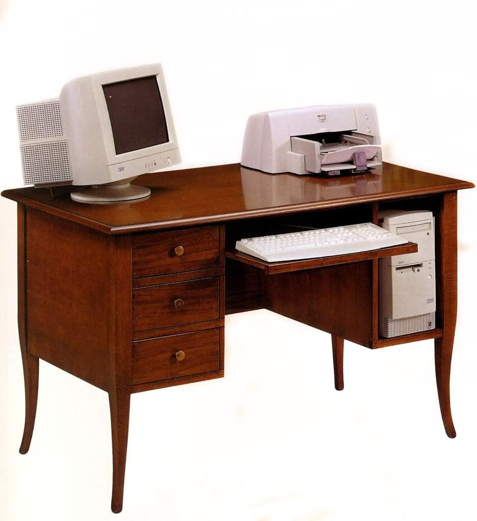 Bureau avec Rangement en Bois, Meuble Secrétaire Bureau, Noyer Foncé - Bureau Informatique avec Tiroirs et Plateau Coulissant - Meuble Salon Classique 130x75x81H, Made in Italy