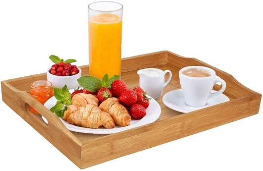 Plateau de Service en Bambou avec poignées, Plateau de Service pour dîner, thé, Bar, Table, Plateau de Petit-déjeuner, idéal pour Les fêtes ou Le Plateau de lit (37 x 26 x 3cm)
