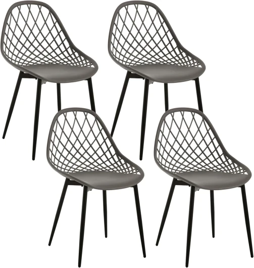 Chaise Salle à Manger Lot de 4, Chaise Scandinave, avec Dossier Creux, Chaise en Coque, Chaise Plastique, Chaise de Cuisine, Dossier et Siège en PP, Pieds en Métal, Gris, K0019EZS-4