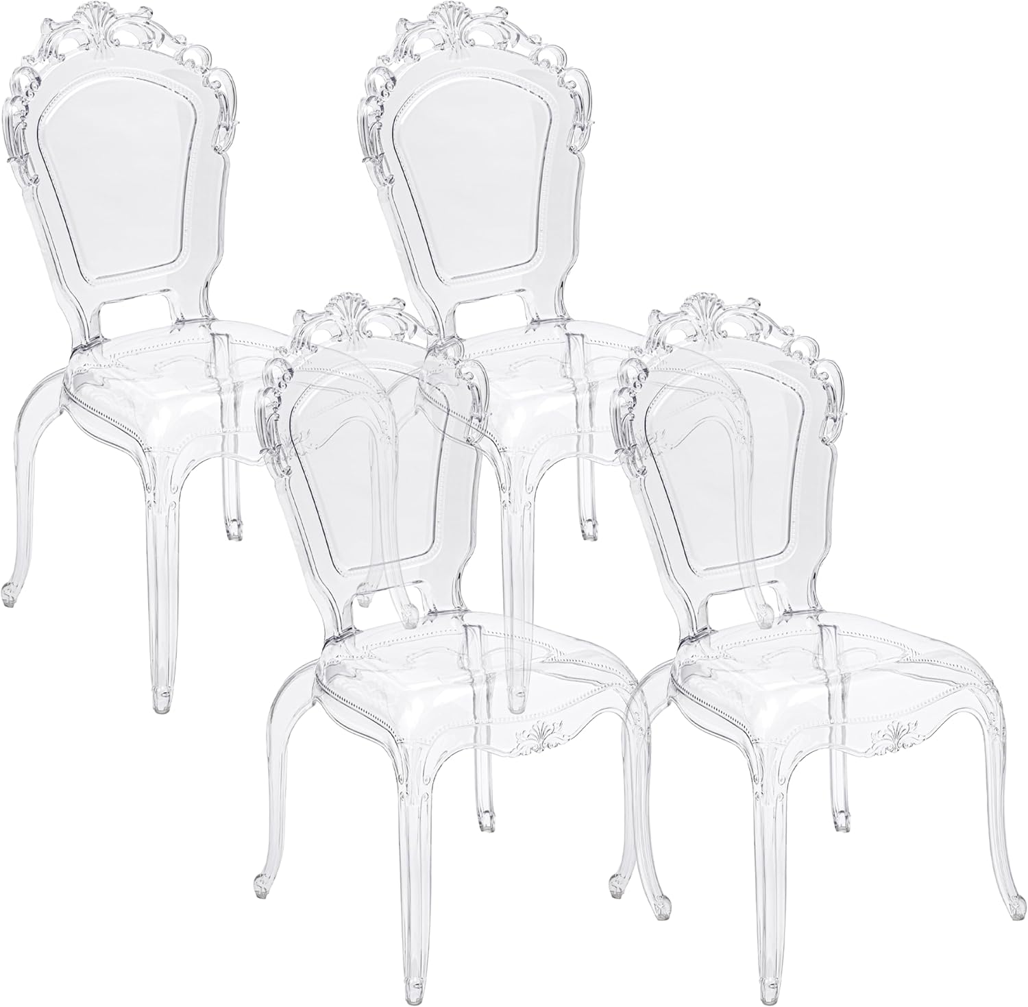 Baroni Home Lot de 4 chaises baroques en Polycarbonate Transparent, Assise Design élégant, empilable et imperméable, pour Salon, Salle à Manger, Chambre à Coucher, 53x53 x100 cm