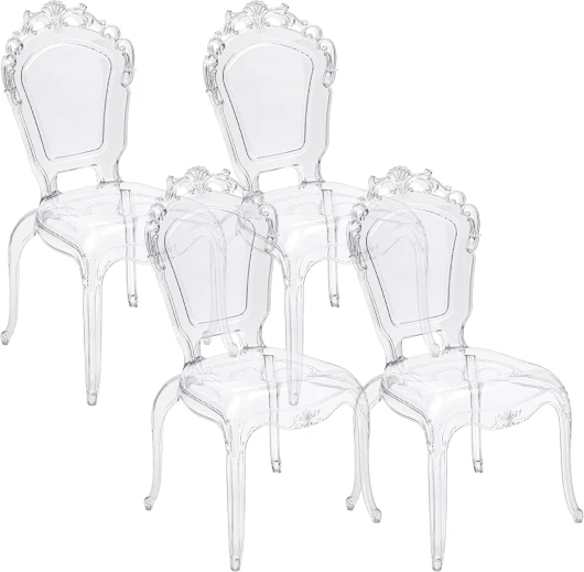 Baroni Home Lot de 4 chaises baroques en Polycarbonate Transparent, Assise Design élégant, empilable et imperméable, pour Salon, Salle à Manger, Chambre à Coucher, 53x53 x100 cm