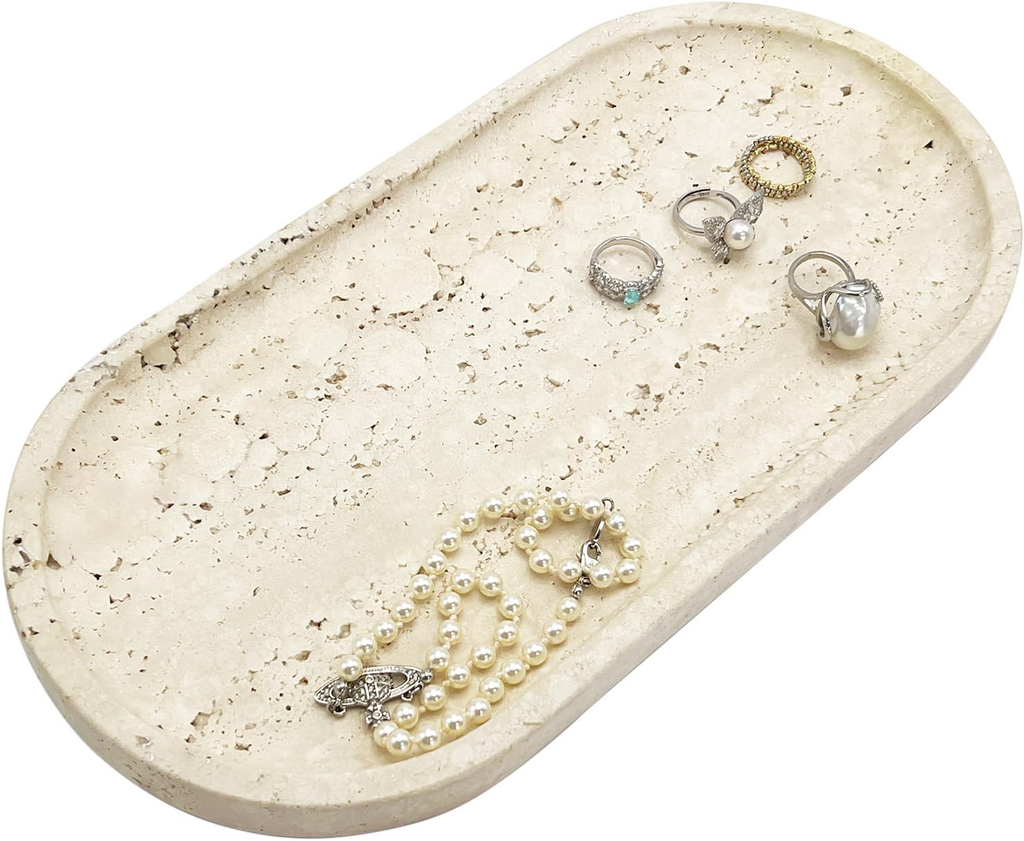 Plateau Décoratif Ovale de Luxe en Travertin Naturel d'Italie, Plateau de Rangement pour Toilette, Organisateur de Salle de Bain, Porte Bijoux Rangement pour Ranger Bougie (Travertino Romano)