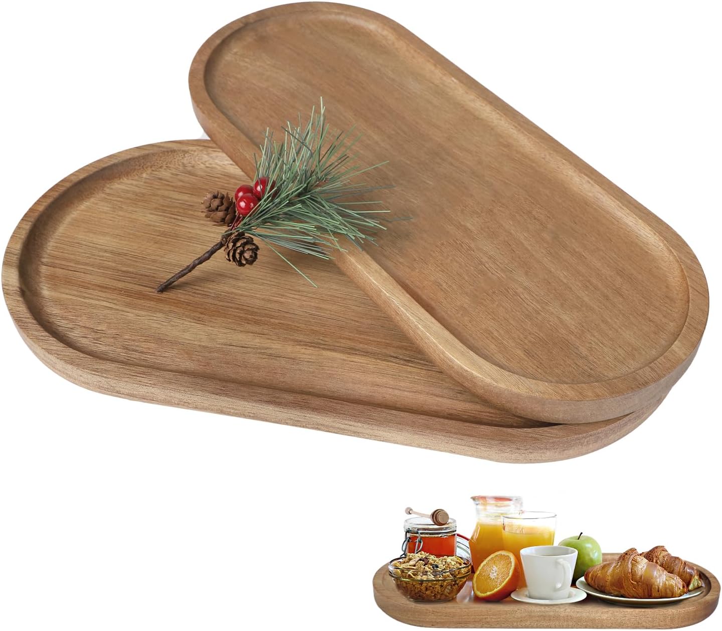 Supaway Lot de 2 Plateau ovale en bois Plateaux en bois d'acacia Plateaux en bois Plateaux décoratifs pour présenter des fruits gâteaux collations café en-ca fêtes Marron naturel (1 grand + 1 petit)