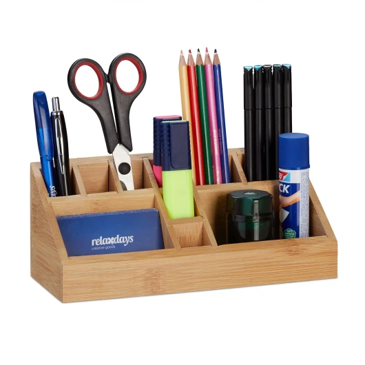 Organiseur de Bureau, Porte-stylos en Bambou carré, 10 Compartiments, Design Moderne, 9,5 x 23 x 9 cm, Nature