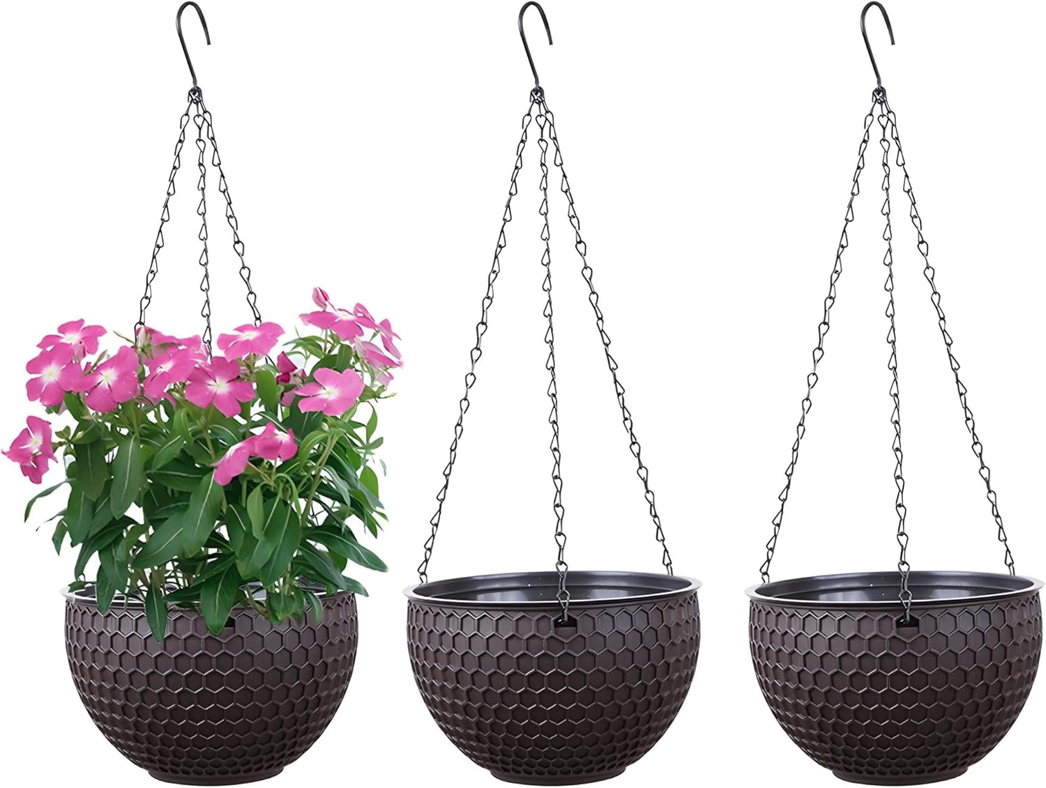 YuanDiann Lot de 3 pots de fleurs suspendus, auto-arrosage, avec réservoir d'eau et trou de drainage, nid d'abeille, avec chaînes inoxydables, pour l'intérieur et l'extérieur, plafonds, balcons