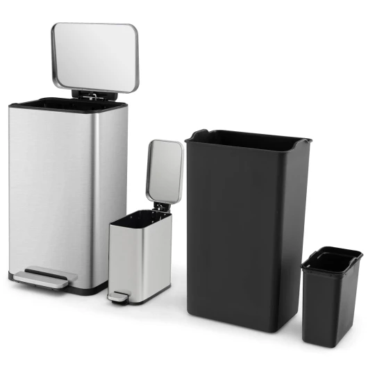 Poubelle Cuisine 40 L + 6 L, Poubelle à Pédale en Acier Inoxydable à Couvercle Verrouillable Bien Scellé, Vérin Amortisseur & Fermeture Douce, Seau Amovible, Cuisine, Bureau, Argent