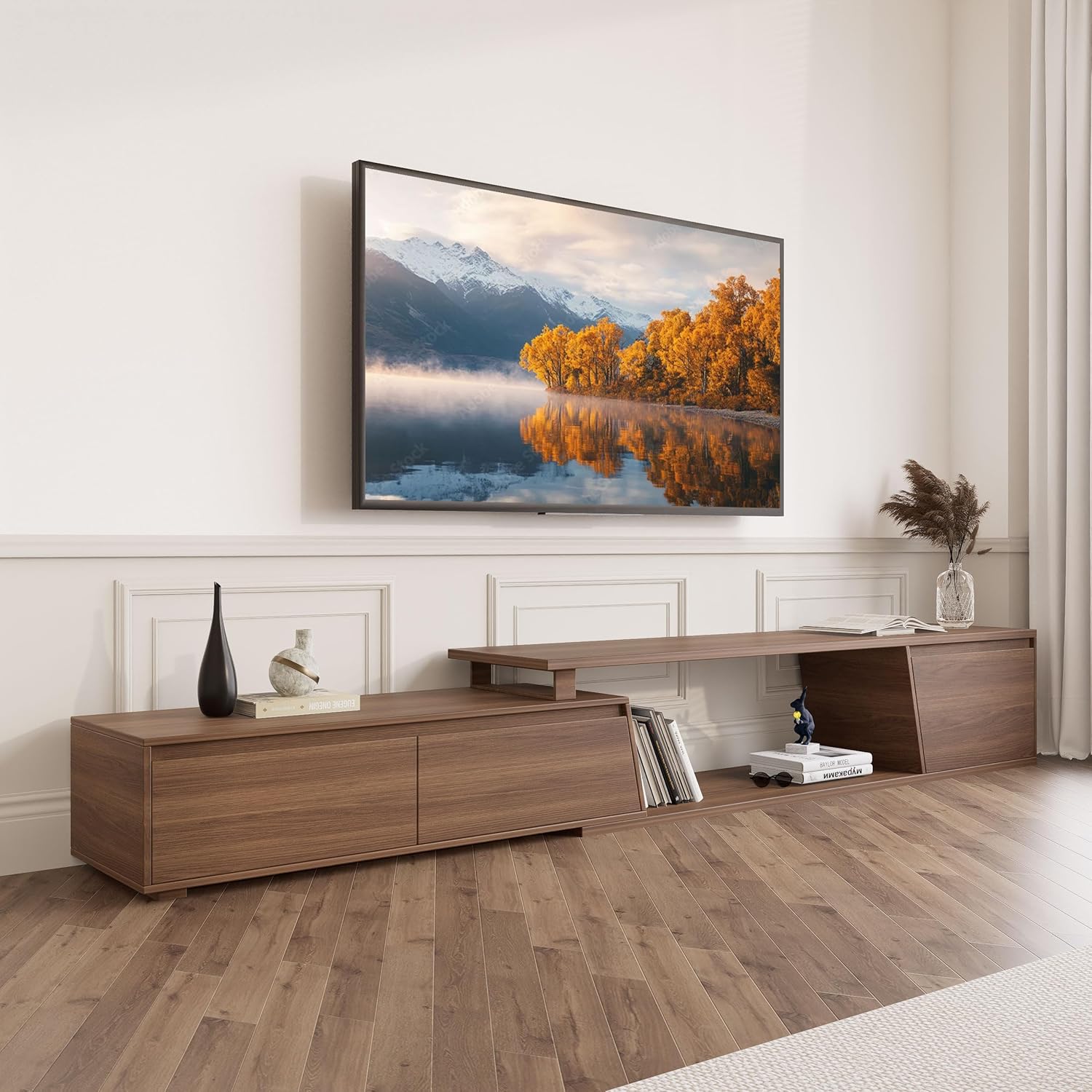 Meuble TV Extensible 180-280 cm avec 3 Tiroirs, Meuble Tele Console Basse en Noyer Massif Réglable, Design Minimaliste, Salle de Séjour (Noyer)