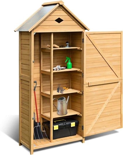 Abri de Jardin en Bois, Armoire de Jardin Remise pour Outils, avec 5 Étagères, Une Porte et Toit Double Pente pour Jardin, Balcon ou Terrasse, Jaune (Bois, 80x45x176 CM)