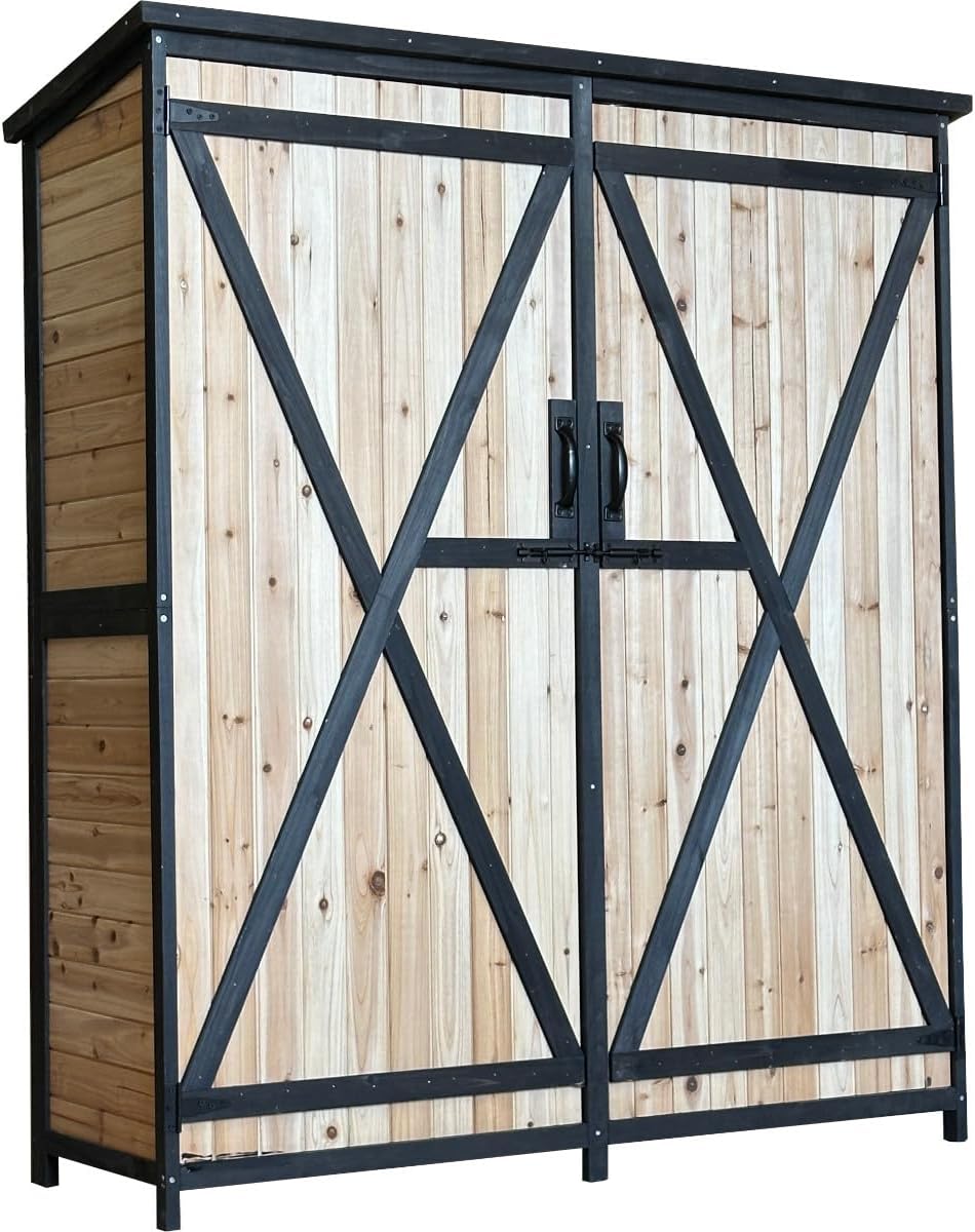 Armoire de Jardin en Bois FSC Double Porte 140x50x162cm - Armoire de Jardin verrouillable-Remise pour Outils sur Pieds - 2 étagères